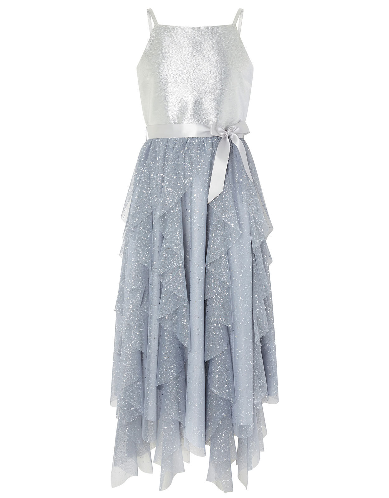 Ruffle Maxi Prom Dress Silver
